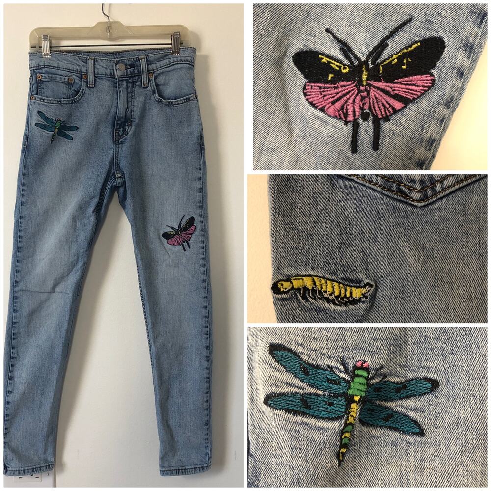 VTG Levis 512 Embroidered Slim Fit Jeans Y2K Fairy 29x30 Butterfly Dragonfly‎